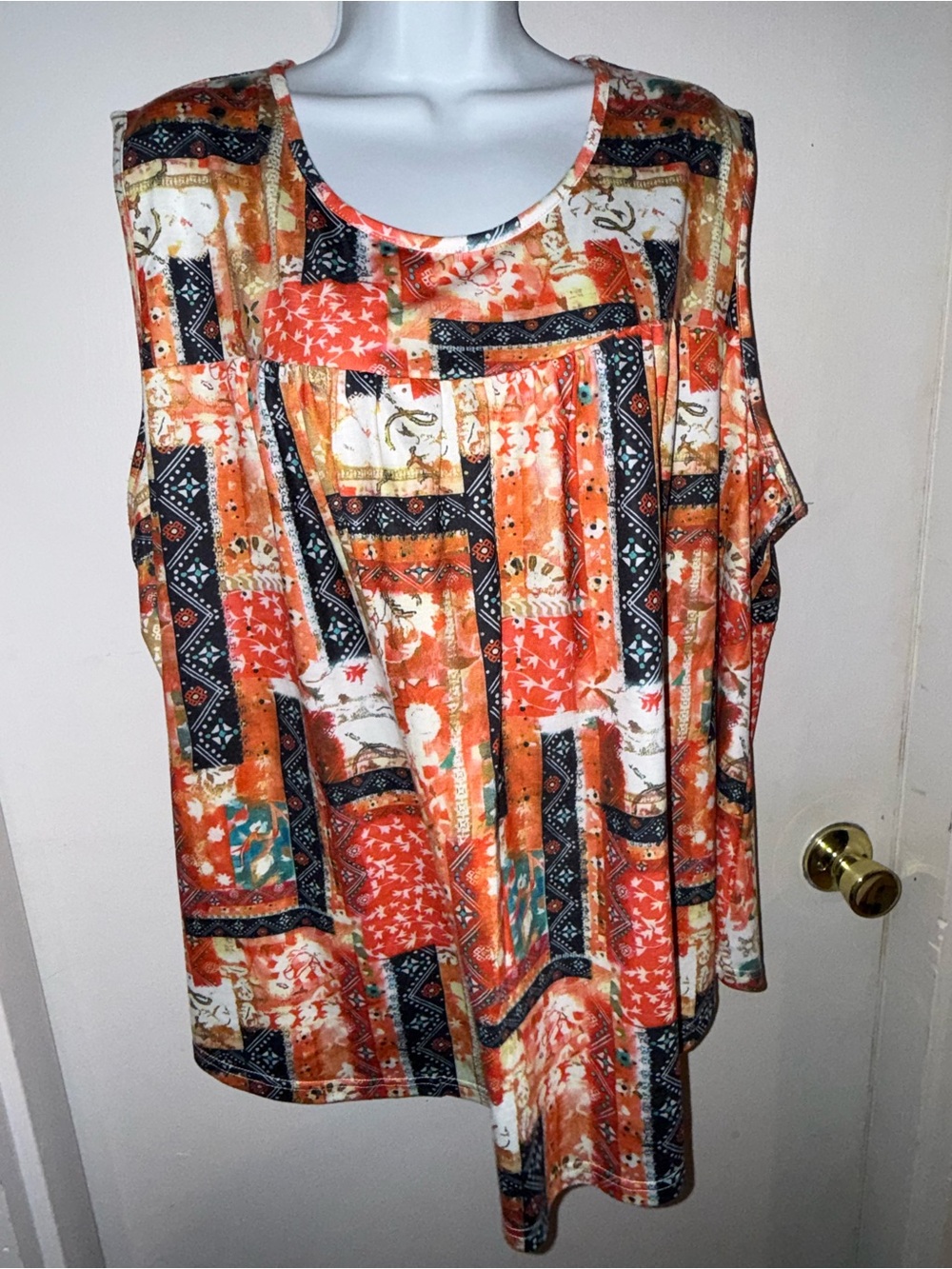 Women's Orange Multi Patchwork Sleeveless Tank Top plus 4x